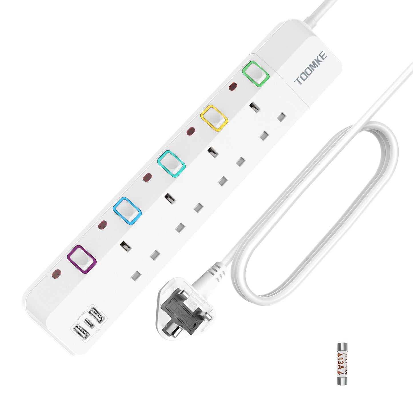 10M Extension Lead with Switches, 4 Way Extension Lead with 3 USB Ports (2 USB-A&1 USB C), Child Safety Protection Power Strip UK Plug Extension