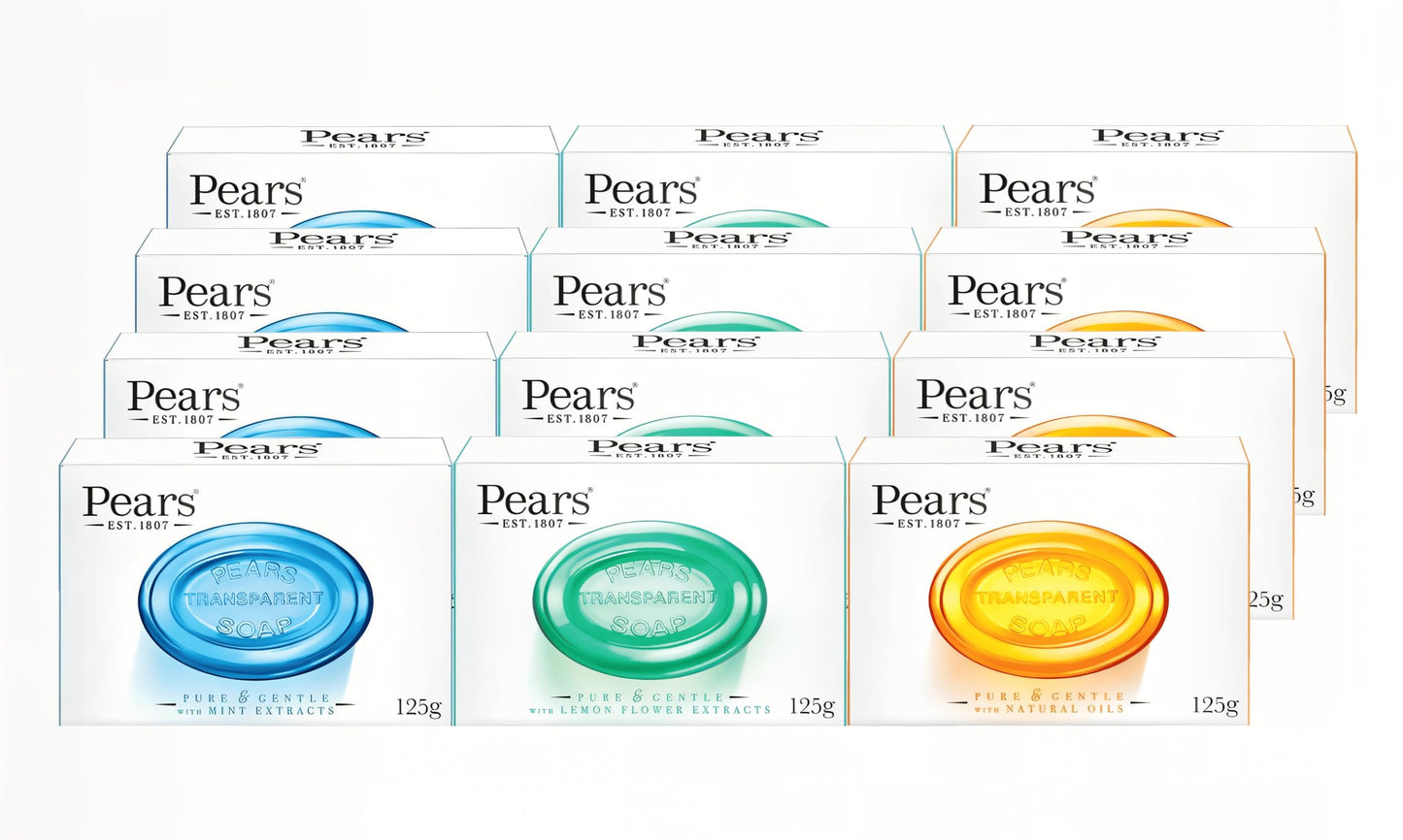Pears Soap Bars Variety Multipack, Natural Oils (4) + Mint Extracts (4) + Lemon Flower Extracts (4), 125g Each, Pack of 12