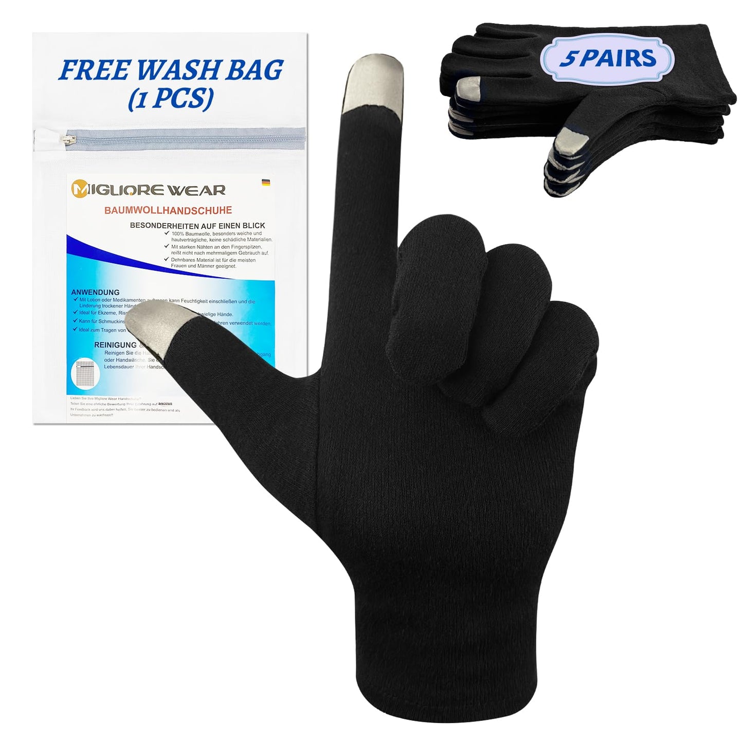 Migliore Wear 5 Pairs Cotton Gloves for Eczema,Touchscreen Black Cotton Gloves, Moisturising Gloves for Dry Hands, Hand Care, Jewelry Inspection,