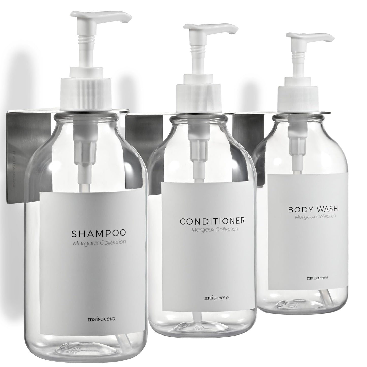MaisoNovo Shampoo and Conditioner Dispenser - Set of 3 Shower Soap Dispensers Wall Mounted - 500ml Clear Plastic Bottles with White Pump - No Drill