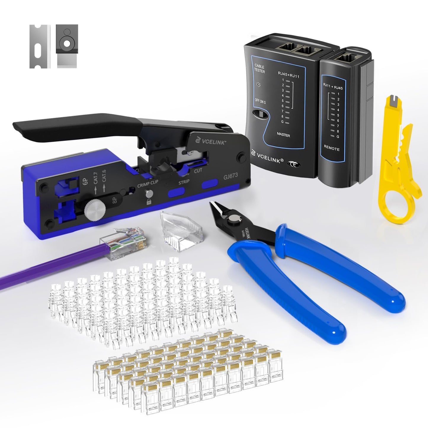 VCELINK Upgraded RJ45 Crimping Tool Kit for CAT7/6A/6/5E/5 with a Pass Through Ethernet Crimper,50 Cat6 RJ45 Connectors & Strain Relief Boots, Cable