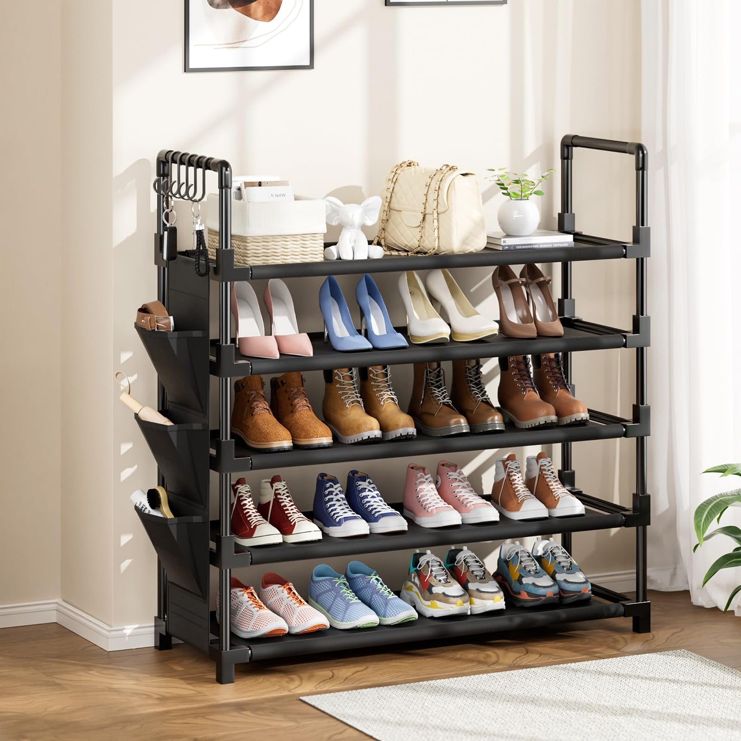 Mavivegue 5 Tier Metal Shoe Rack with 5 Hooks & 3 Side pockets