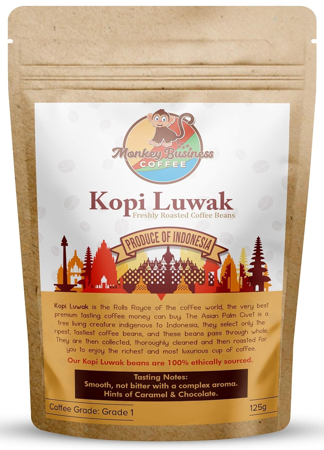 Monkey Business Coffee - Wild Kopi Luwak Coffee Whole Beans - Ethically Sourced - 125 Grams (Other Weights & Bean Types Available) - Produce of
