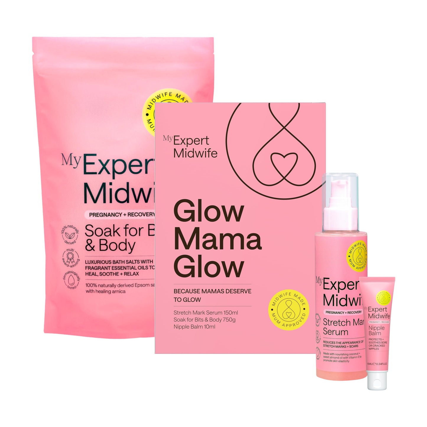 My Expert Midwife Glow Mama Glow Pregnancy & Postpartum Self-Care Gift Set, Includes Soak For Your Bits 750g, Stretch Mark Serum 150ml, Nipple Balm