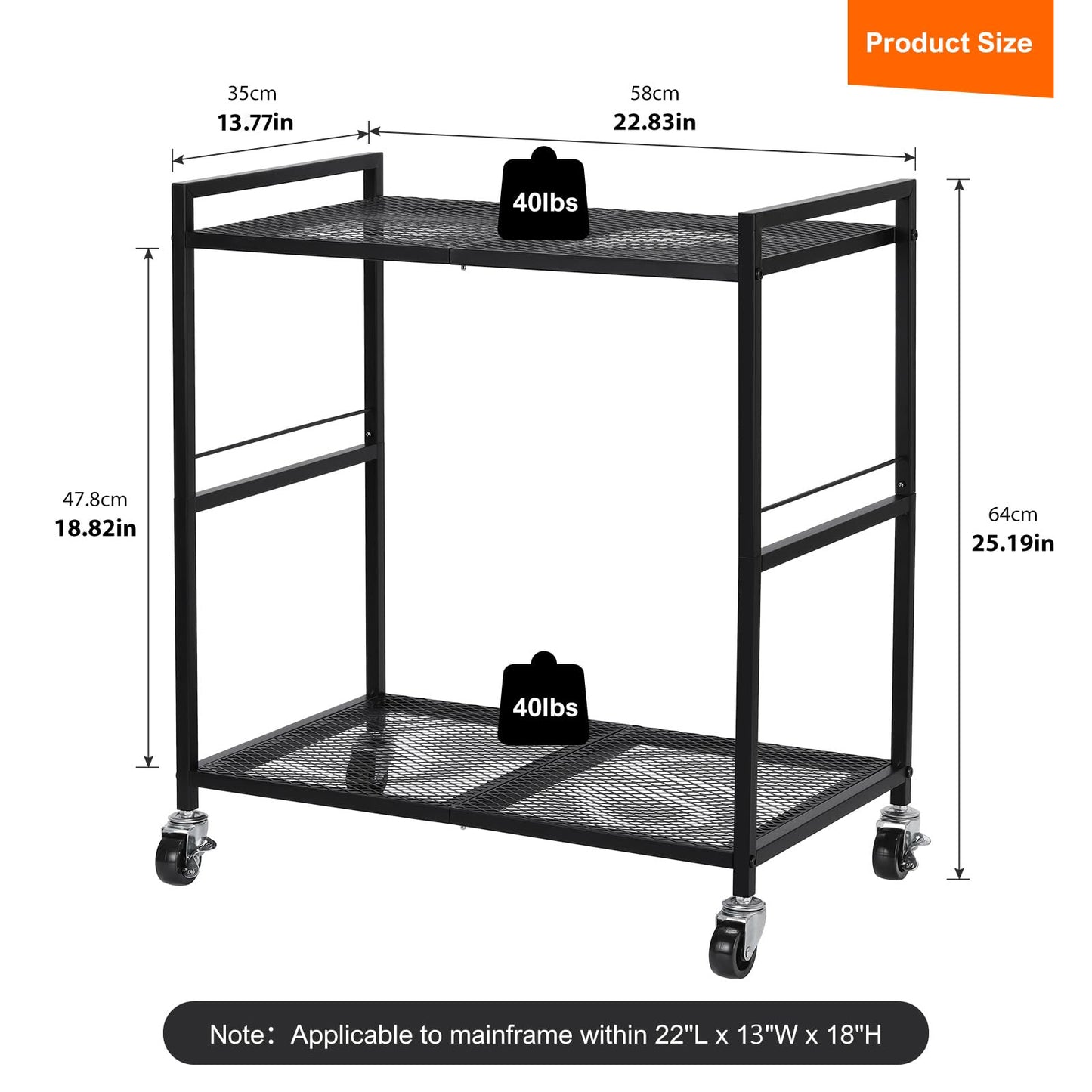 YBING Computer Tower Stand, PC Tower Stand Metal Mobile CPU Holder Stand Cart with Caster Wheels 2 Tier Rolling Printer Cart Under Desk for Fax Home