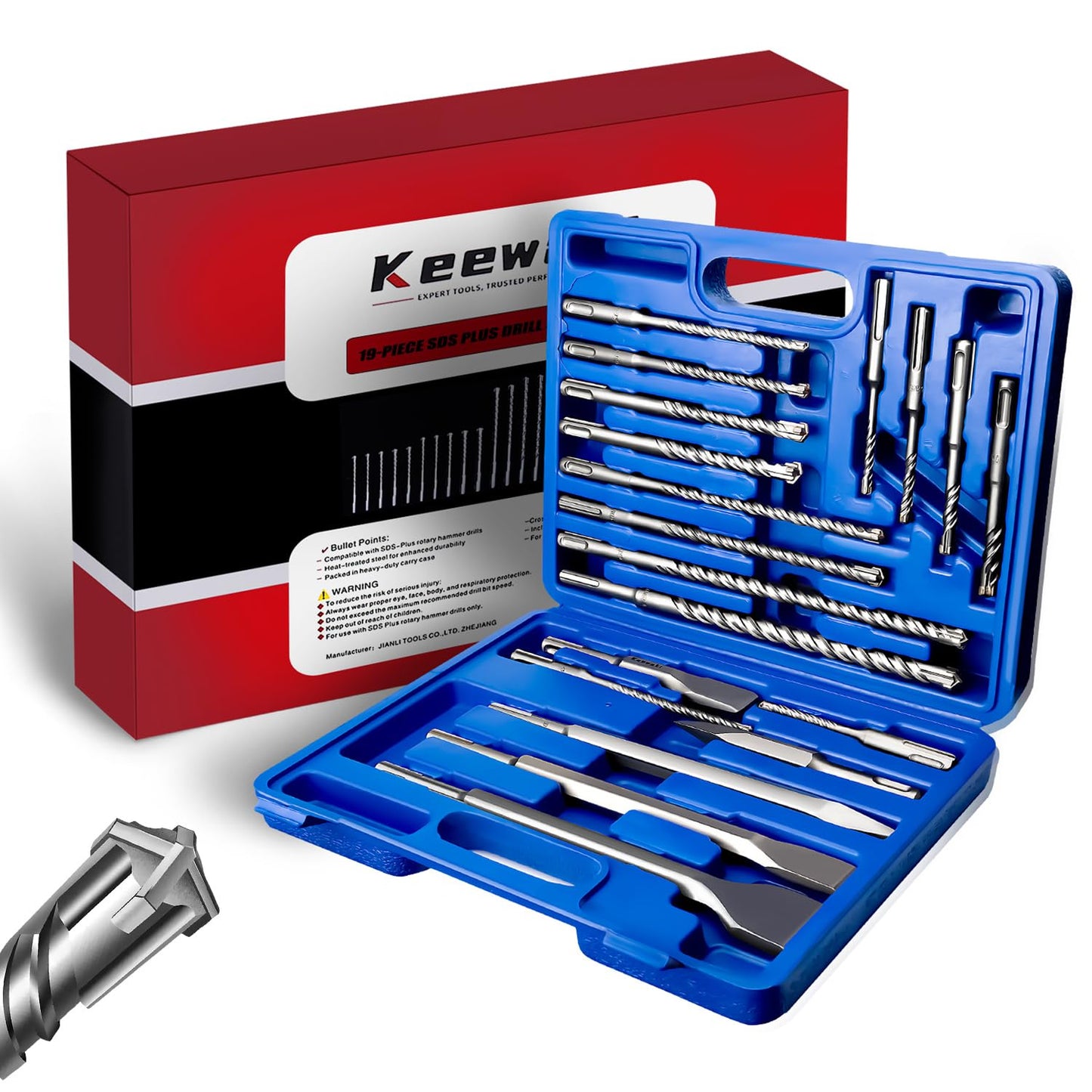 Keewaki 19-Piece SDS Plus Drill and Chisel Set ? Heavy Duty Rotary Hammer Drill Bit Set for Concrete, Brick & Masonry with Cross Tip Carbide SDS Drill