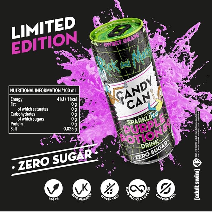 Candy Can, Rick and Morty, Purple Potion, Grape Flavoured Fizzy Drink, Nostalgic American Soda Flavours, Sugar Free, Sparkling Pop Can