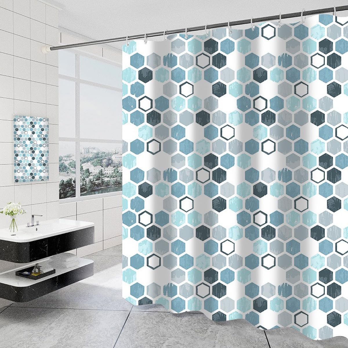 Tennove Shower Curtain Mould Resistant Geometric 240x200cm Drop Bathroom Curtain Waterproof Polyester Fabric Wet Room Bathtub Shower Curtain,Weighted