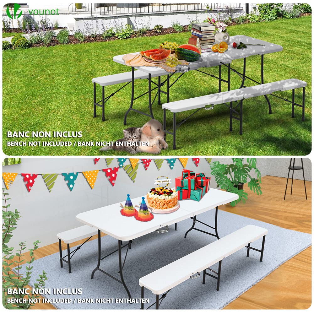 VOUNOT? Folding Picnic Table Portable Heavy duty Party Trestle Table 180 x 75 x 72cm for BBQ Camping Indoor Outdoor, White