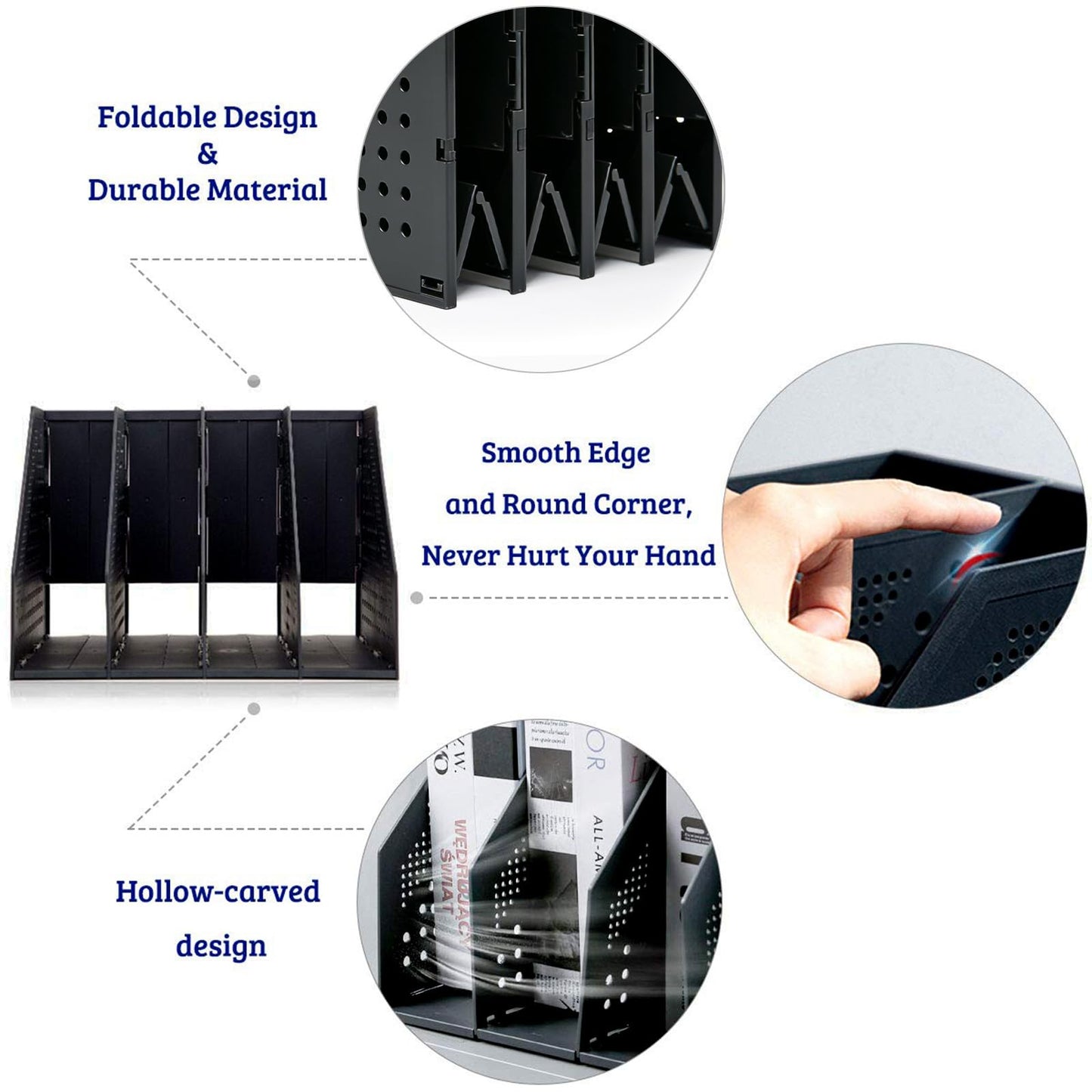 Marte Vanci Collapsible 4 Compartment Magazine Holder Desktop Adjustable Sturdy File Dividers Document Cabinet Rack Display (Black)