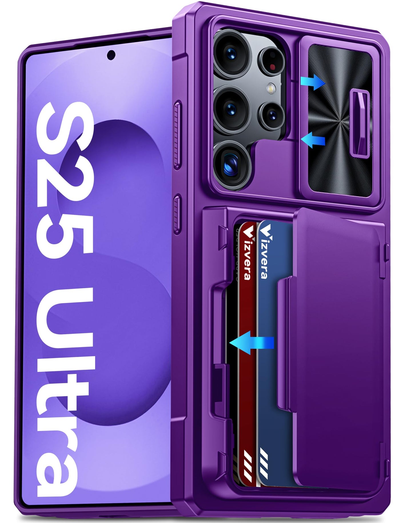 Vizvera for Samsung Galaxy S25 Ultra Case Wallet, with RFID Card Holder, Slide Camera Cover, Kickstand, Silicone Edge Military Drop Protection Rugged