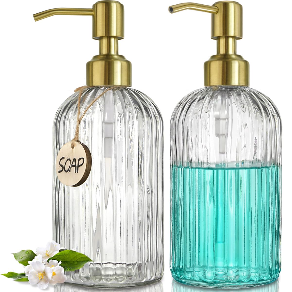 JASAI 2PACK 18Oz Fluted Glass Soap Dispenser with Golden Rust Proof Pump, Refillable Kitchen Soap Dispenser with Vertical Stripe, Bathroom Soap