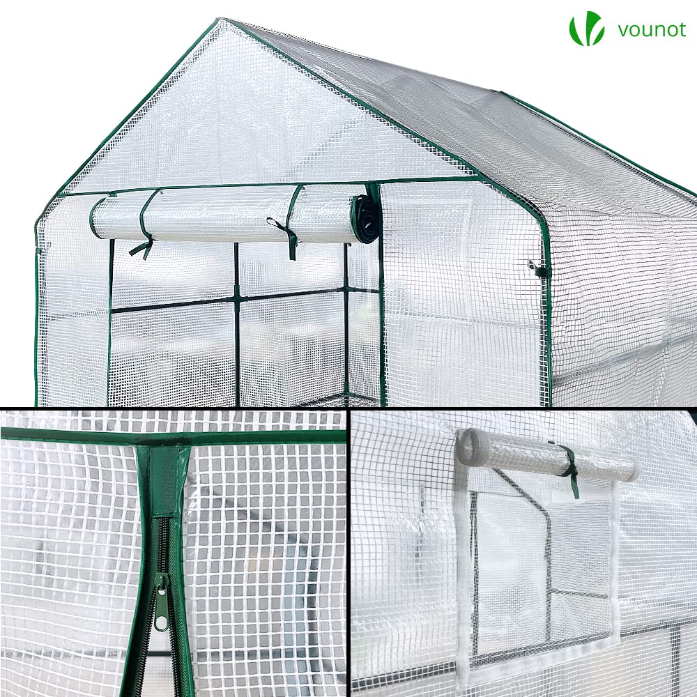 VOUNOT? Walk In Greenhouse with Shelves, Roll up Zip Panel Door Garden Plastic Polytunnels Grow House for Outdoor Use, White 143x143x195cm