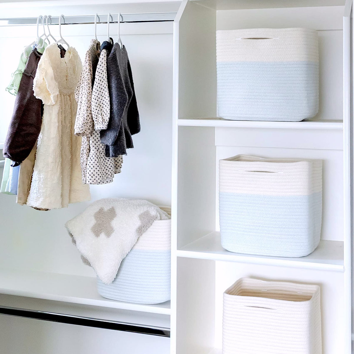 NaturalCozy Storage Cubes 11 Inch Cotton Rope Woven Baskets for Organizing, 3-Pack | Cube Storage Bin | Square Storage Baskets for Shelves Organizer
