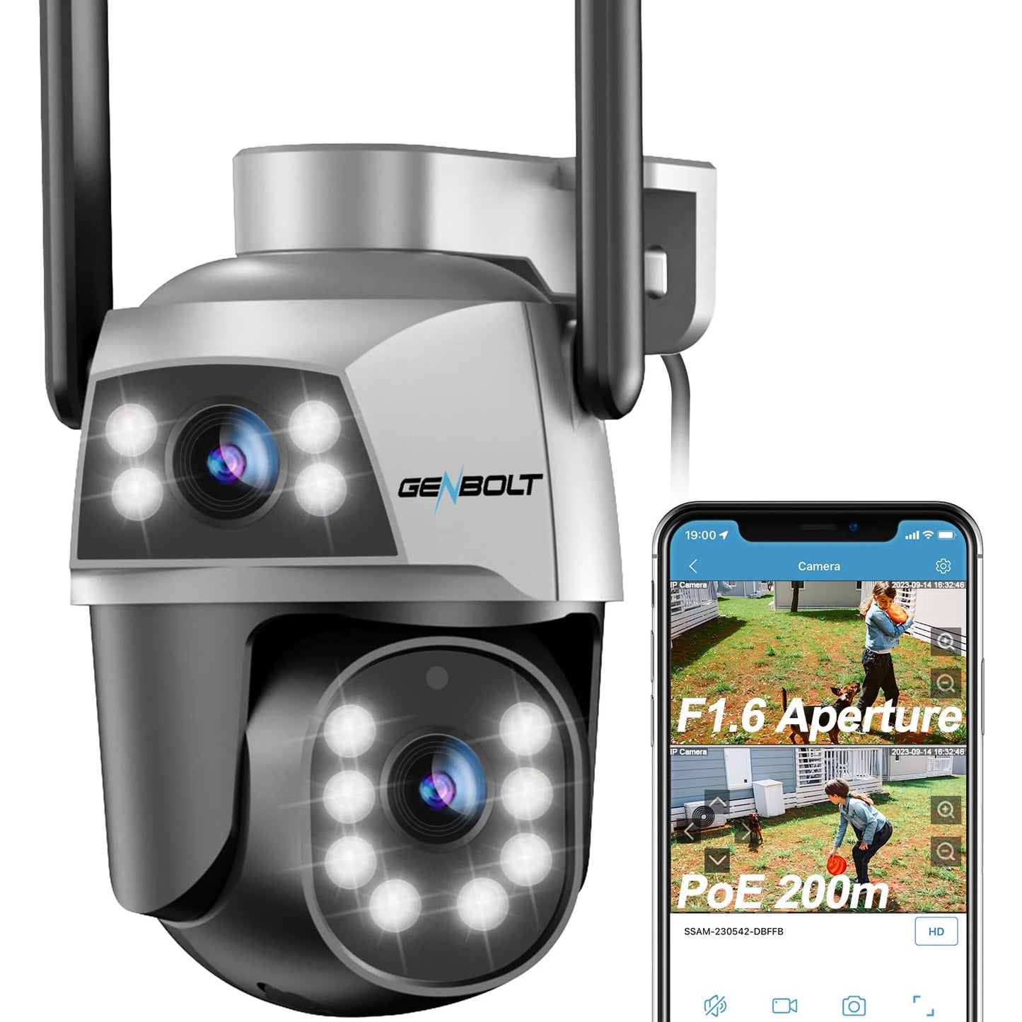 GENBOLT WiFi Security Camera Outdoor with PoE, Dual Lens Home Surveillance IP Camera CCTV with Color Night, Auto Tracking Human Detection Pan Tilt
