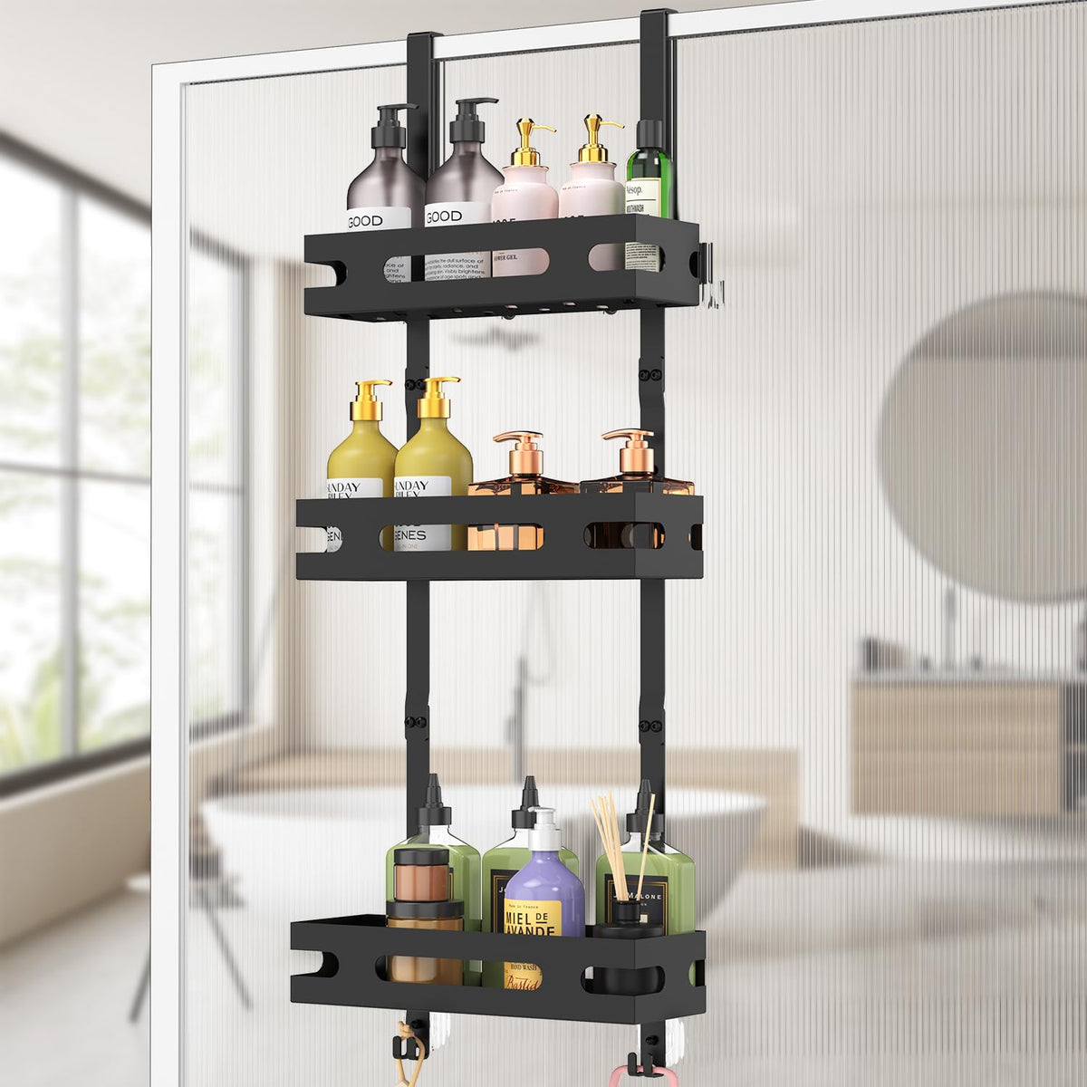 YEAUPE PRO Drill-Free Iron Shower Organizer ? 3-Tier Hanging Shelves with Strong Suction Cups, Hooks & Oval Drainage Design, 78cm Length, Perfect for