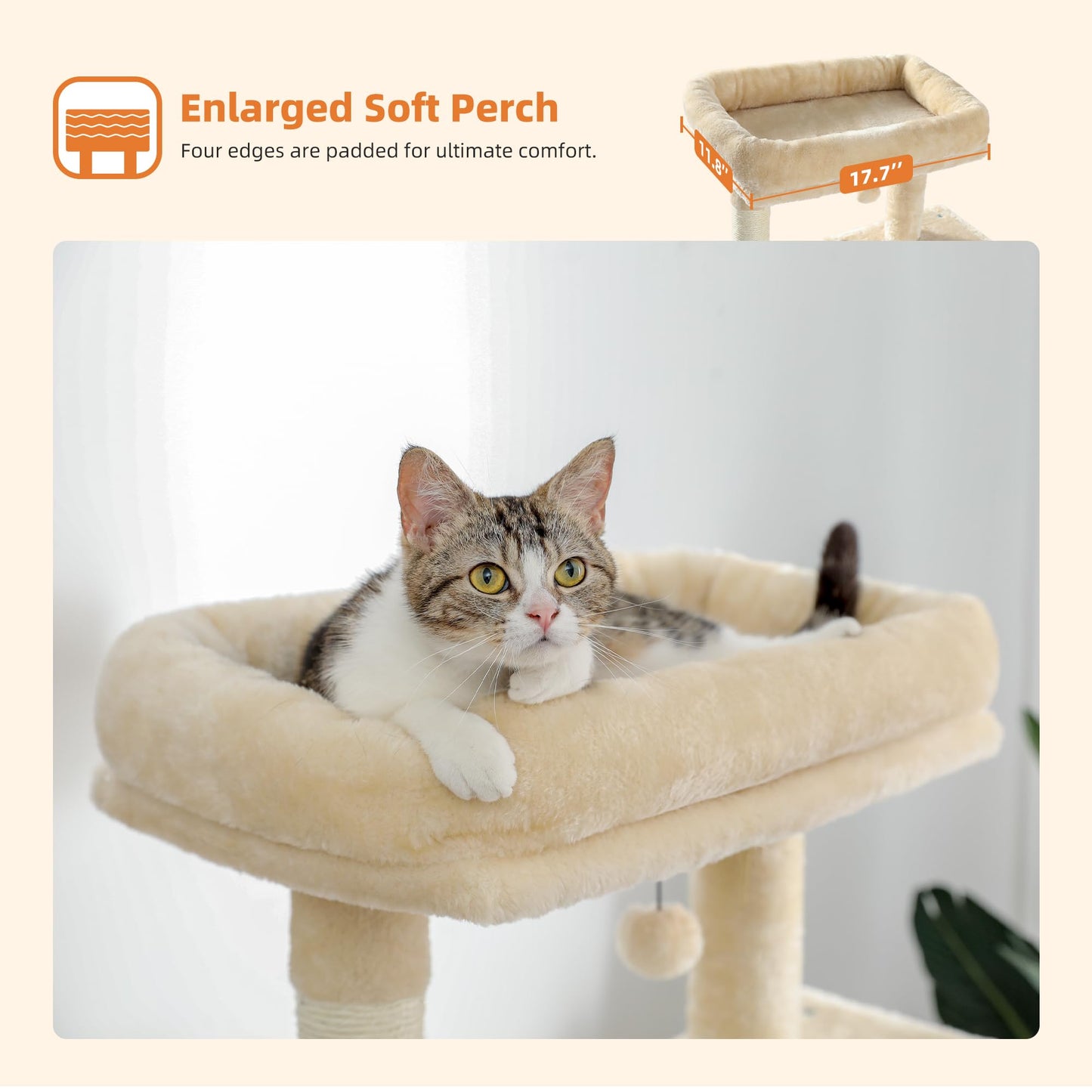 PAWZ Road Cat Tree 143cm, Big Cat Tower 56.3 Inches with Hammock and Lovely House, Activity Center Stable and Sturdy Size L Beige
