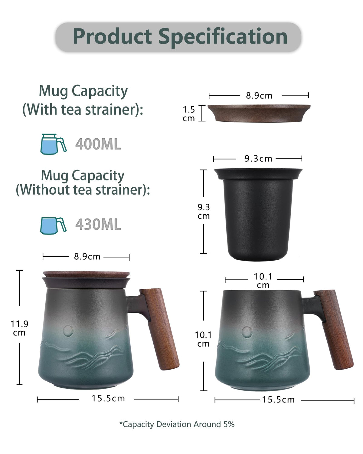 ZENS Tea Infuser Mug for Loose Tea Strainer, 430 ML Embossed Ceramic Tea Cup with Infuser for Hot Tea Diffusers, Wood Handle Loose Leaf Tea Mug Green