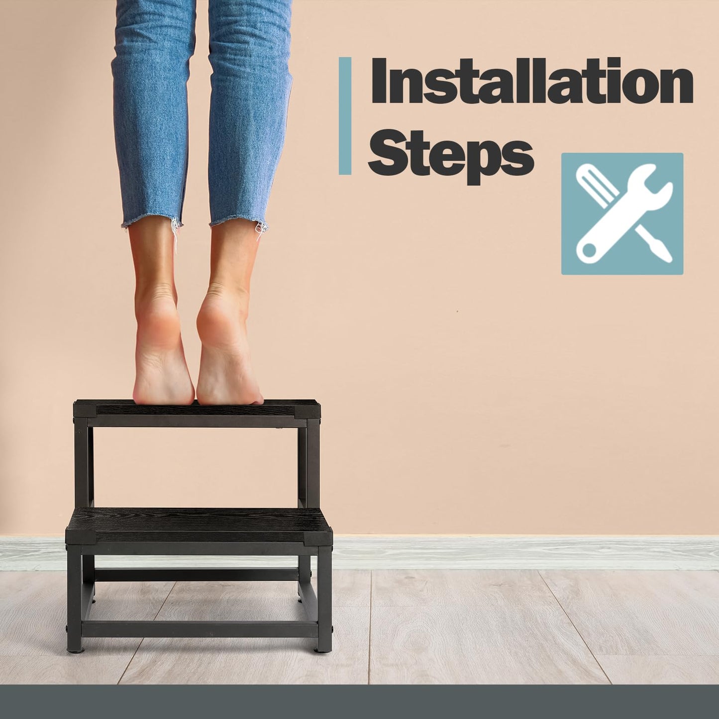 LIANTRAL Step Stool for Adults and Kids, 2 Step Stool, Heavy Duty Steel and Sturdy Wooden Stool, Load Capacity up to 200 kg, Foot Stool for Bed,