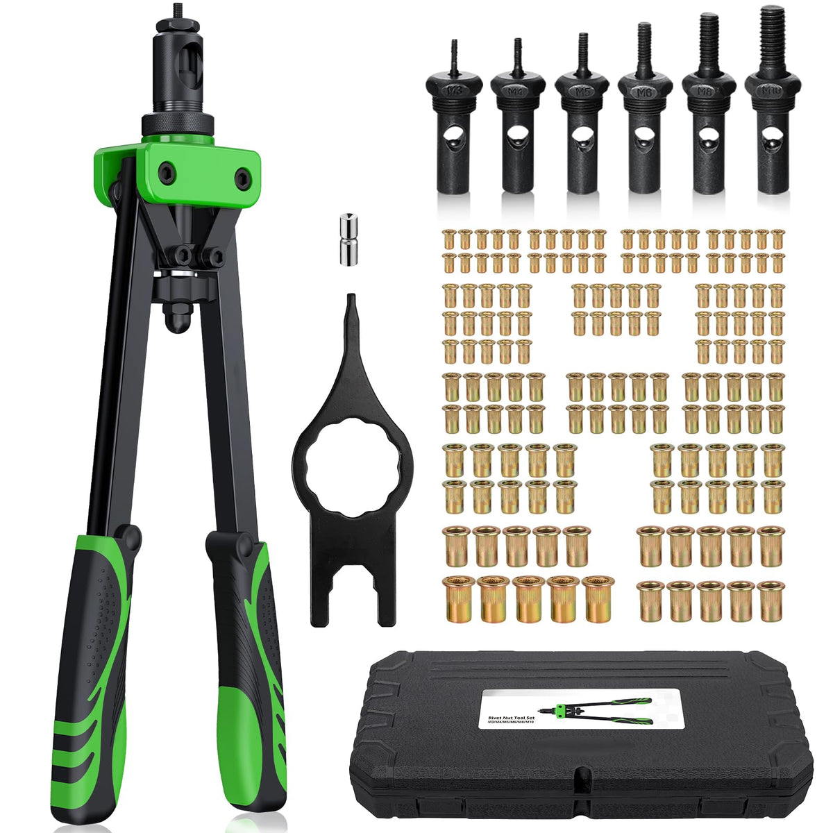 eSynic Heavy Duty Rivet Nut Gun Rivnut Tool 14 Inch Rivnut Tool Kit Pop Rivet Nut Tool Set Double Hands Riveter Nut Gun with 150pcs Nuts Include
