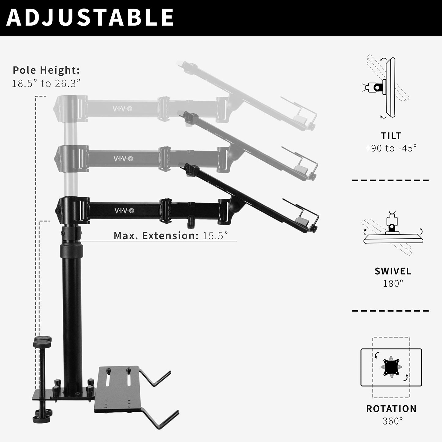VIVO Single Laptop Car Mount, Fully Adjustable Extension, Notebook Stand for Trucks, Vans, and SUVs, Articulation and Height Adjustment, Black