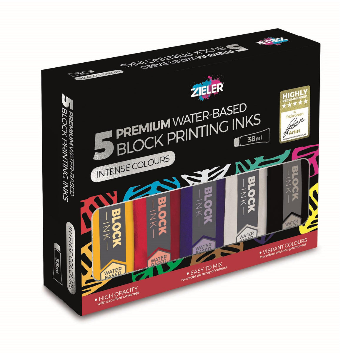 5 Water-Based Block Printing Inks | Black, Blue, Red, White & Yellow | 38ml High Concentration Tubes | Easy-to-Mix | High Opacity - by Zieler