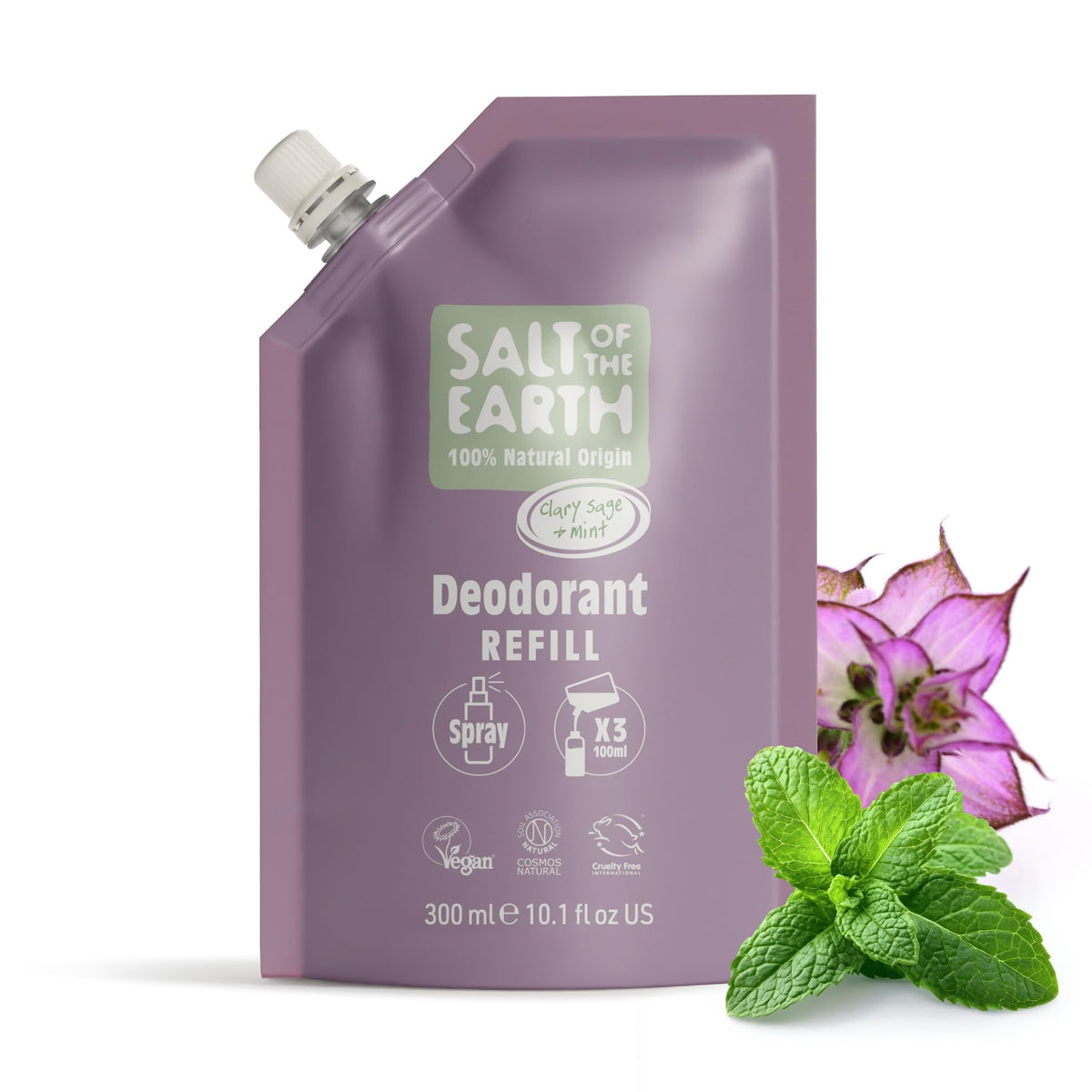 Salt of the Earth - Natural Deodorant Spray Refill Pouch, x3 Uses - Clary Sage & Mint - Vegan, Long Lasting Protection, Leaping Bunny Approved, Made