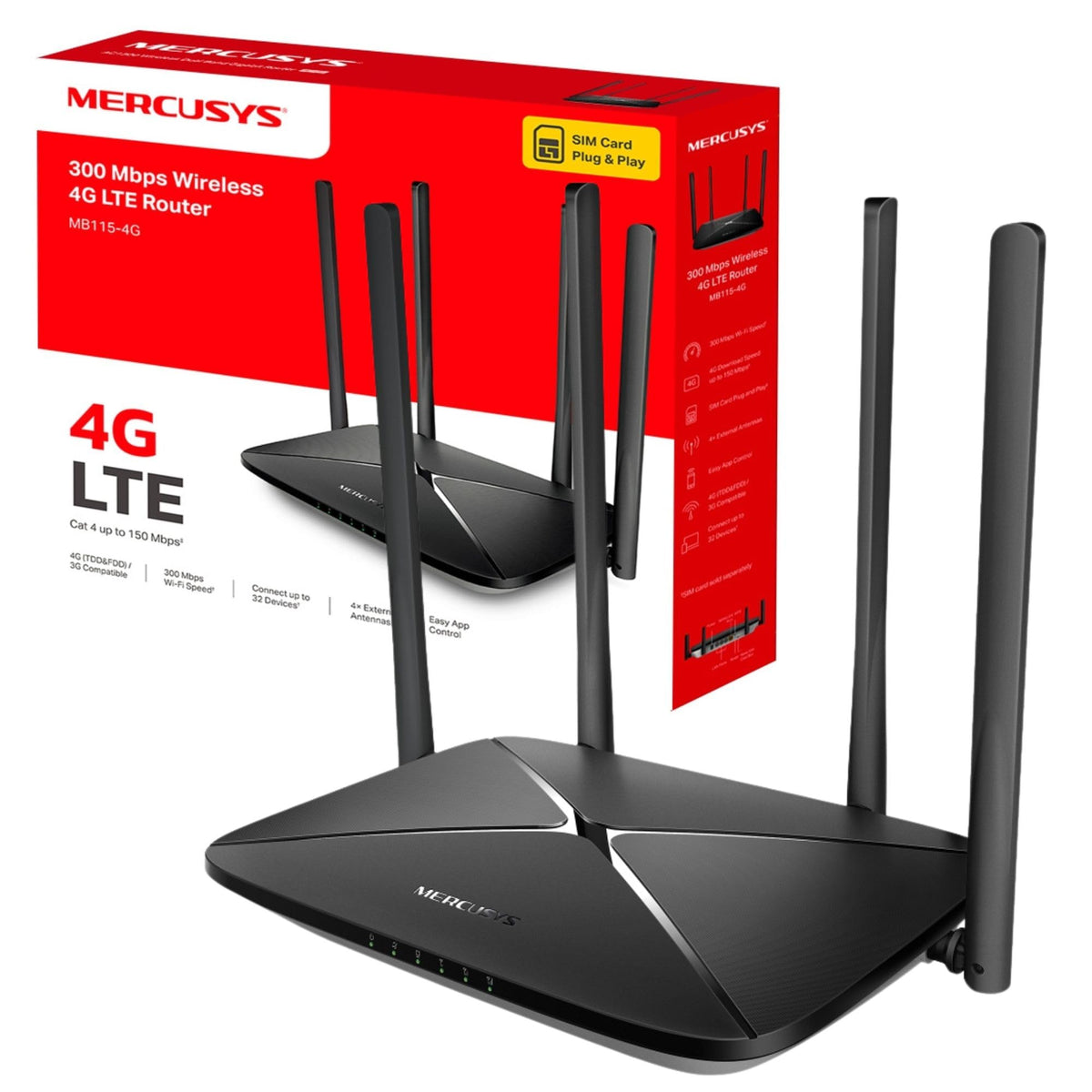 MERCUSYS MB115-4G 300 Mbps 4G Router With Sim Slot, 4G/3G Compatible, Wireless LTE Cat 4 With WiFi Router Mode, 4 External Antennas, Plug and Play,