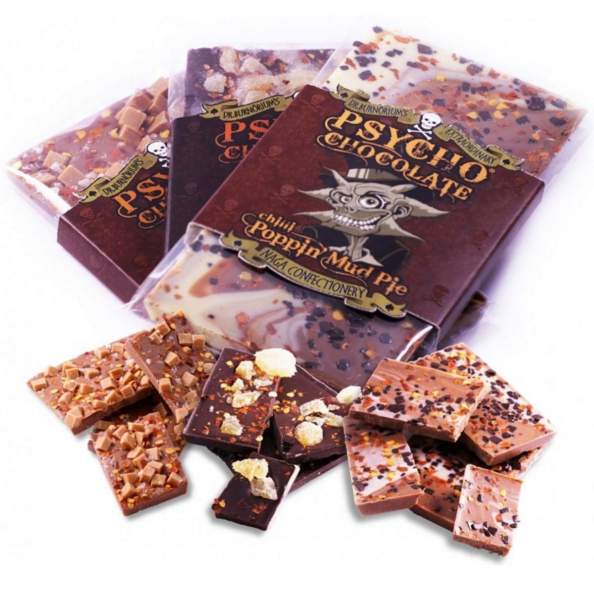 PSYCHO CHOCOLATE with Naga Jolokia (Ghost Pepper) 3 BAR COMBO - 1 x Chilli Salted Caramel 100g, 1 x Chilli Poppin' Mud Pie 100g, 1 x Chilli Dark