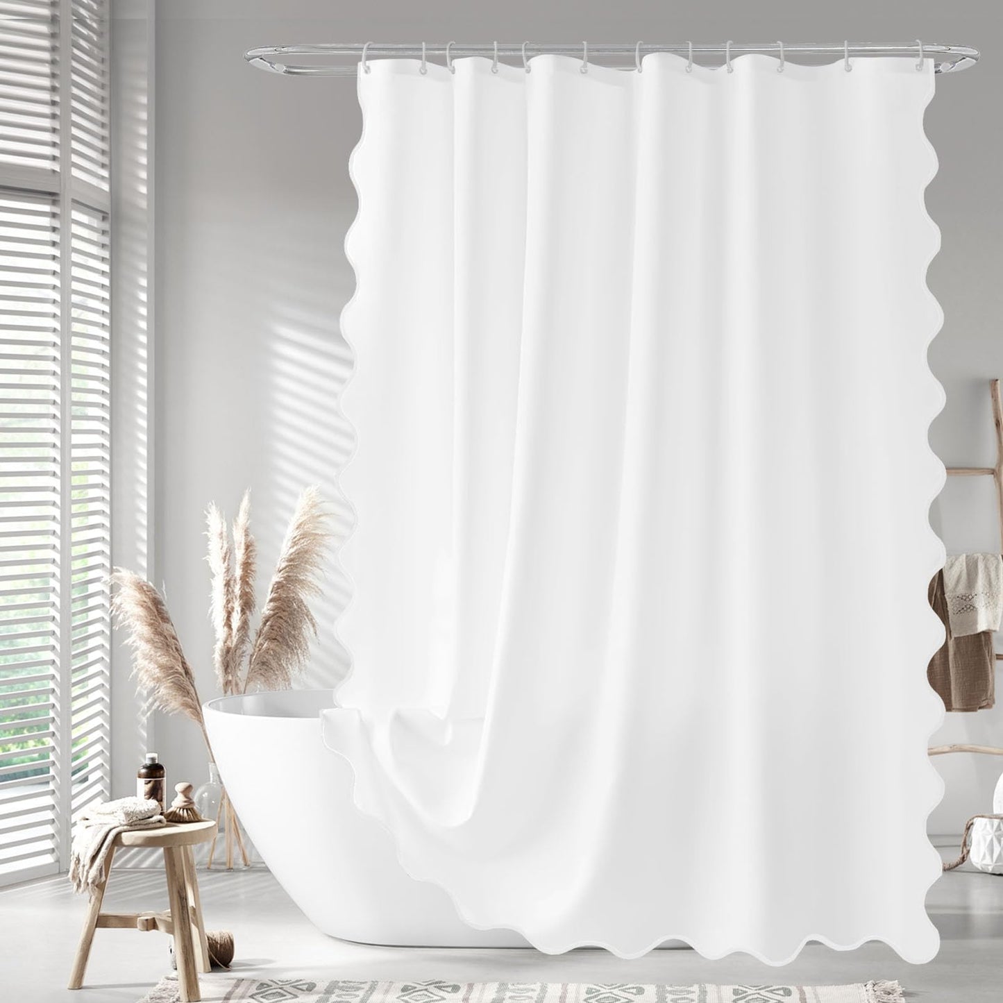 Seasonwood White Scalloped Fabric Shower Curtain 72 x 72 Inches, Aesthetic Shower Curtain Cute Pretty Shower Curtains