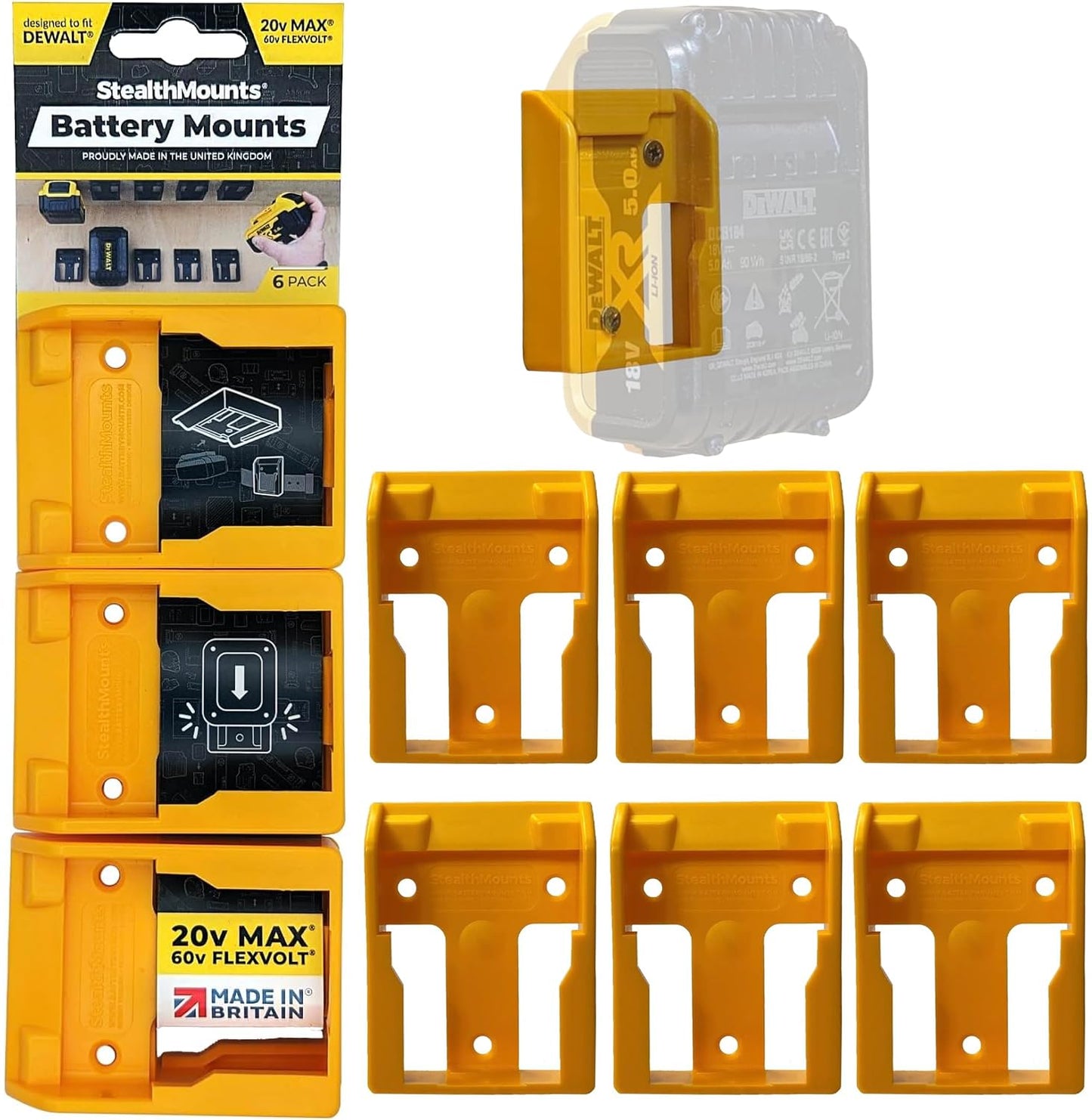 StealthMounts Yellow Battery Mounts Compatible with DeWalt ? 6 Pack | Battery Holder | Wall Mounted Holders for Power Tool Storage & Accessories |