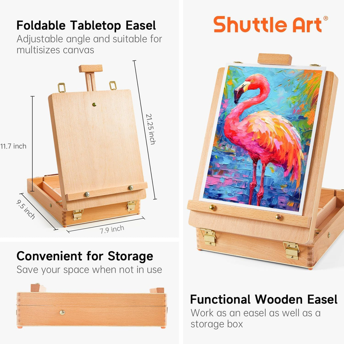 Shuttle Art 65 Pack Acrylic Paint Set with Wooden Table Top Easel Box, Mixed Media Artist Art Set with 30 Colours Acrylic Paints, Blank Canvas,