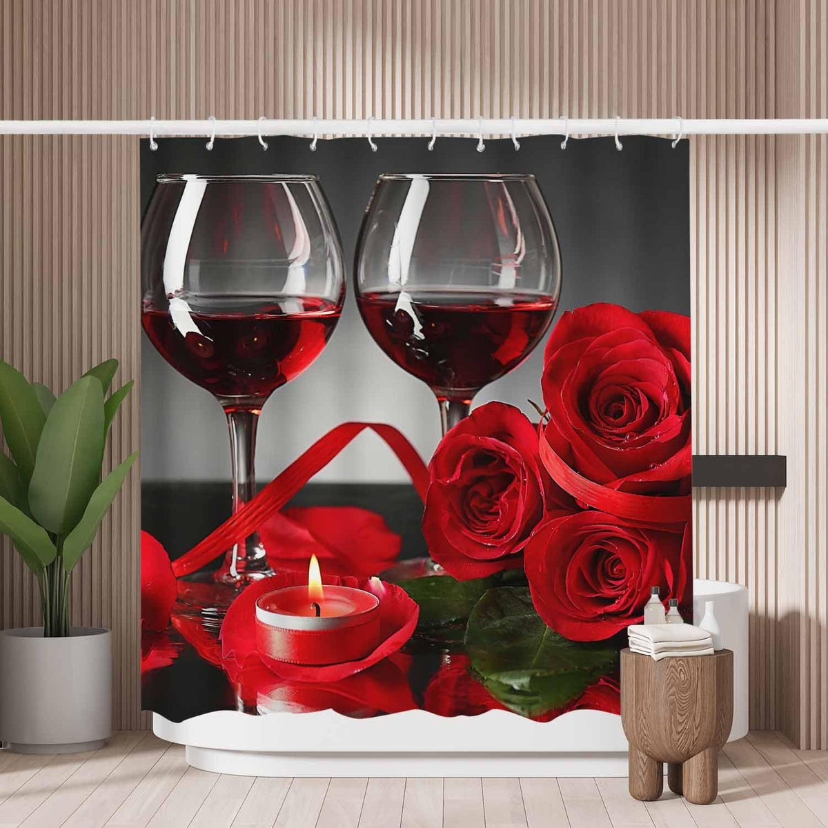 Woutay Shower Curtain Water Repellant Fabric Red Roses and Candles,Mould Proof Resistant,Polyester,with 12 Plastic Hooks