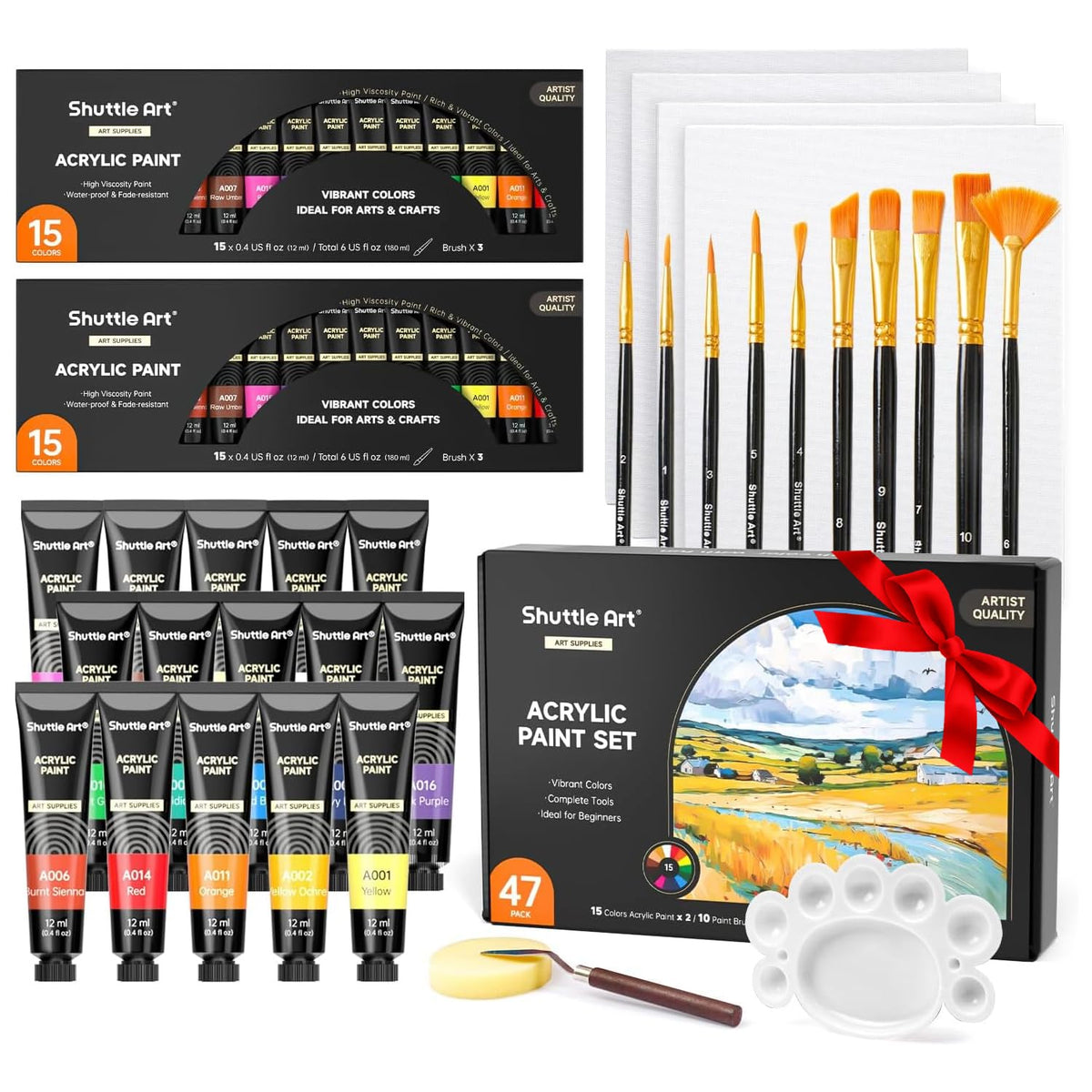 Shuttle Art 47 Pack Acrylic Paints Set, 15 Colours (12ml Each, 2Pack) Acrylic Paint with 10 Brushes, Canvas, Knife, Palette, Complete Paint Set for