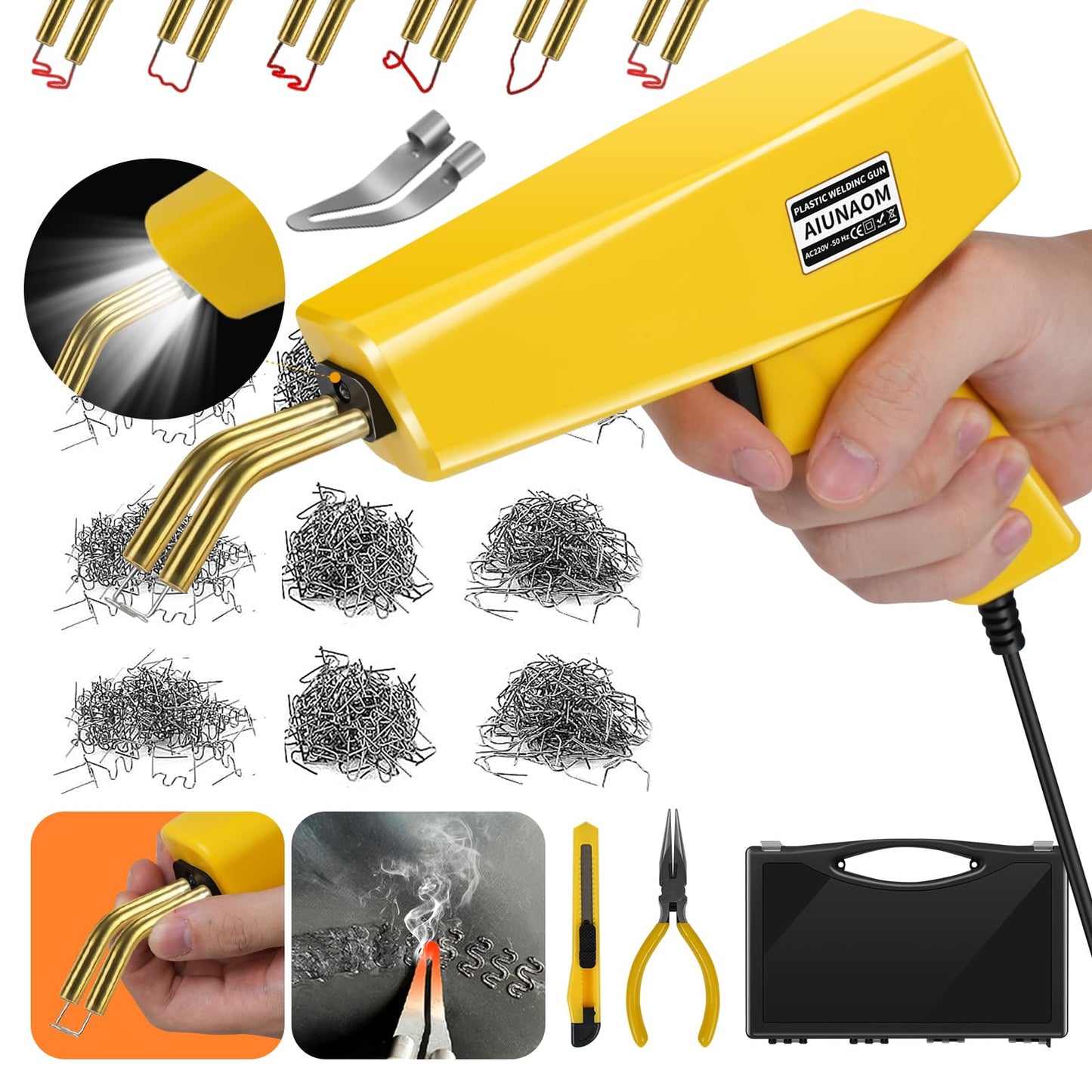 AIUNAOM 230W Plastic Welding Kit, Welder Repair Kit with 900 Hot Staples & Smoothing Head, Plastic Welder Gun Soldering Kit for Repairing Parts on