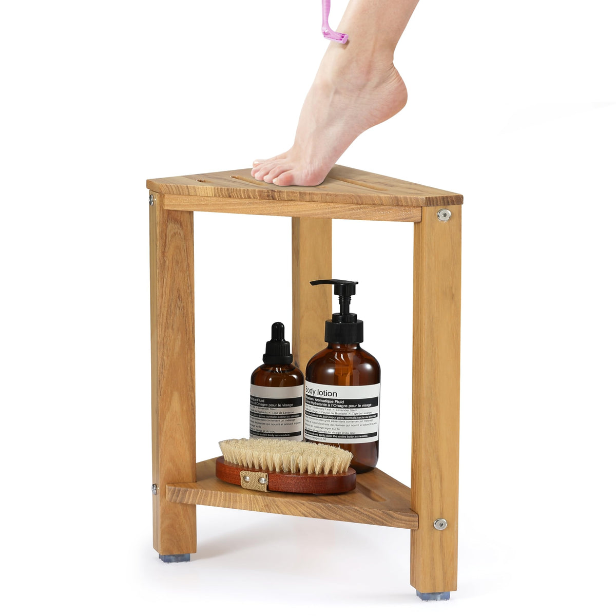 PERFNIQUE Teak Shower Stool, 35cm Shower Foot Rest for Shaving Legs, Organizer Teak Stool for Inside Shower, Waterproof Small Corner Bench for