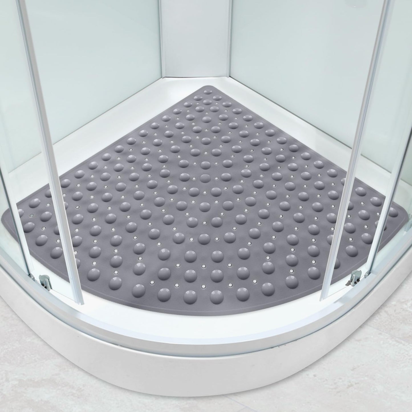 Corner Shower Mat Non Slip Anti Mould: 70x70 cm Quadrant Shower Mat for Inside Shower - Curved Shower Tray Mat with Suction Cups & Dome Design - Gray