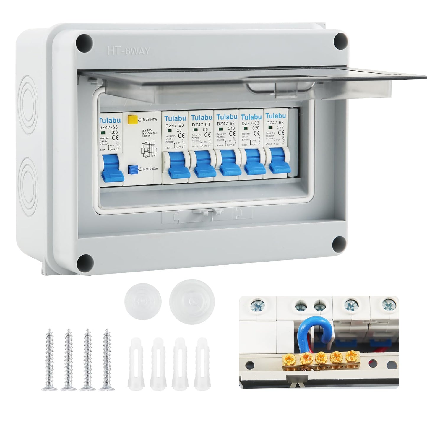 4 Way Consumer unit Circuit Breaker, Garage unit with Assembly Tool, 63A 30mA RCD 4MCB 2x6A+10A+20A+32A, IP65 Anti-Leakage Fuse Box for Garages