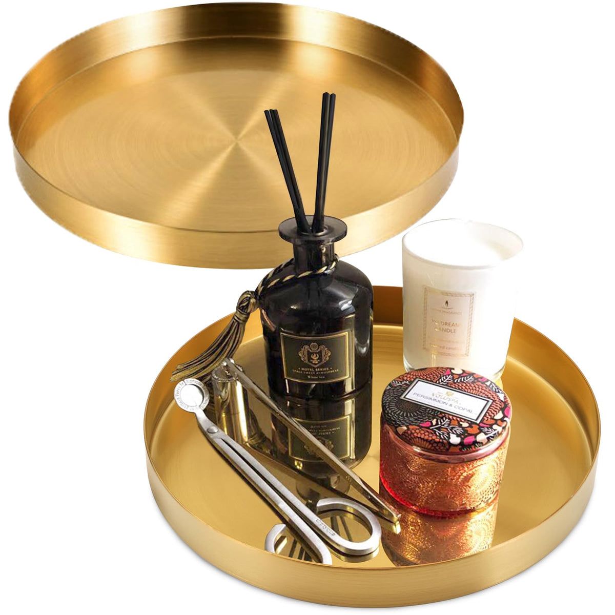 Jucoan 2 Pack 20 cm Round Gold Serving Tray, Metal Decorative Vanity Tray, Bathroom Storage Organizer for Perfume, Jewelry, Food, Coffee, Tea, Candle
