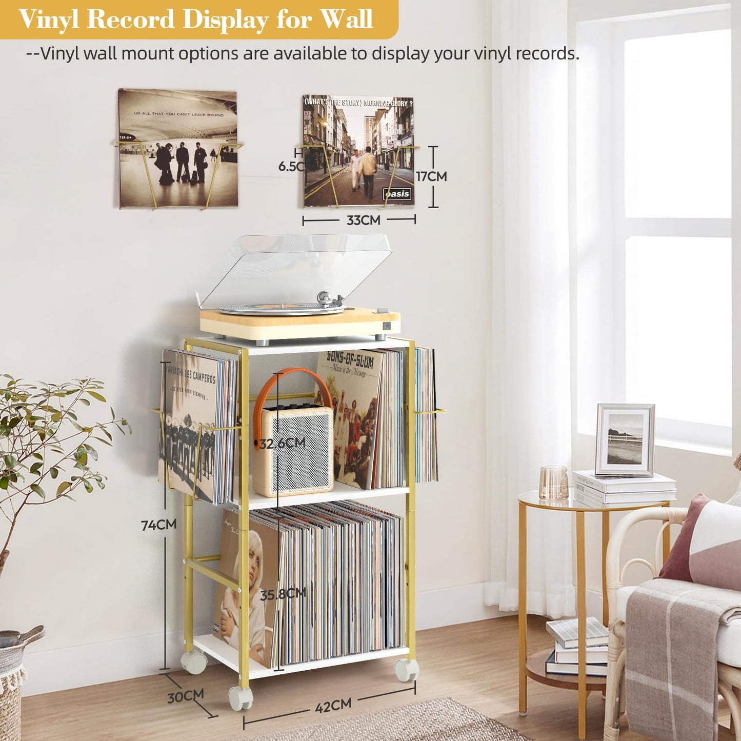 Bikoney Rolling Record Player Stand with Vinyl Storage for 150 Albums, Gold