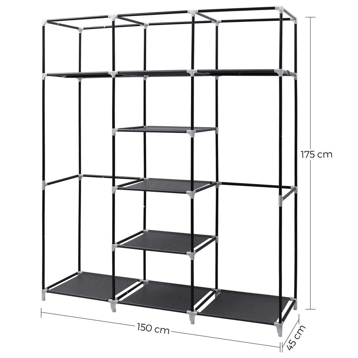 SONGMICS RYG12B Folding Wardrobe, Fabric Cabinet, Foldable Coat Rack with 2 Clothes Rails, 175 x 150 x 45 cm, Black, Canvas