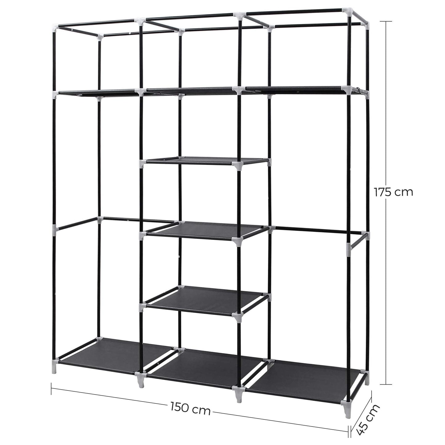 SONGMICS RYG12B Folding Wardrobe, Fabric Cabinet, Foldable Coat Rack with 2 Clothes Rails, 175 x 150 x 45 cm, Black, Canvas