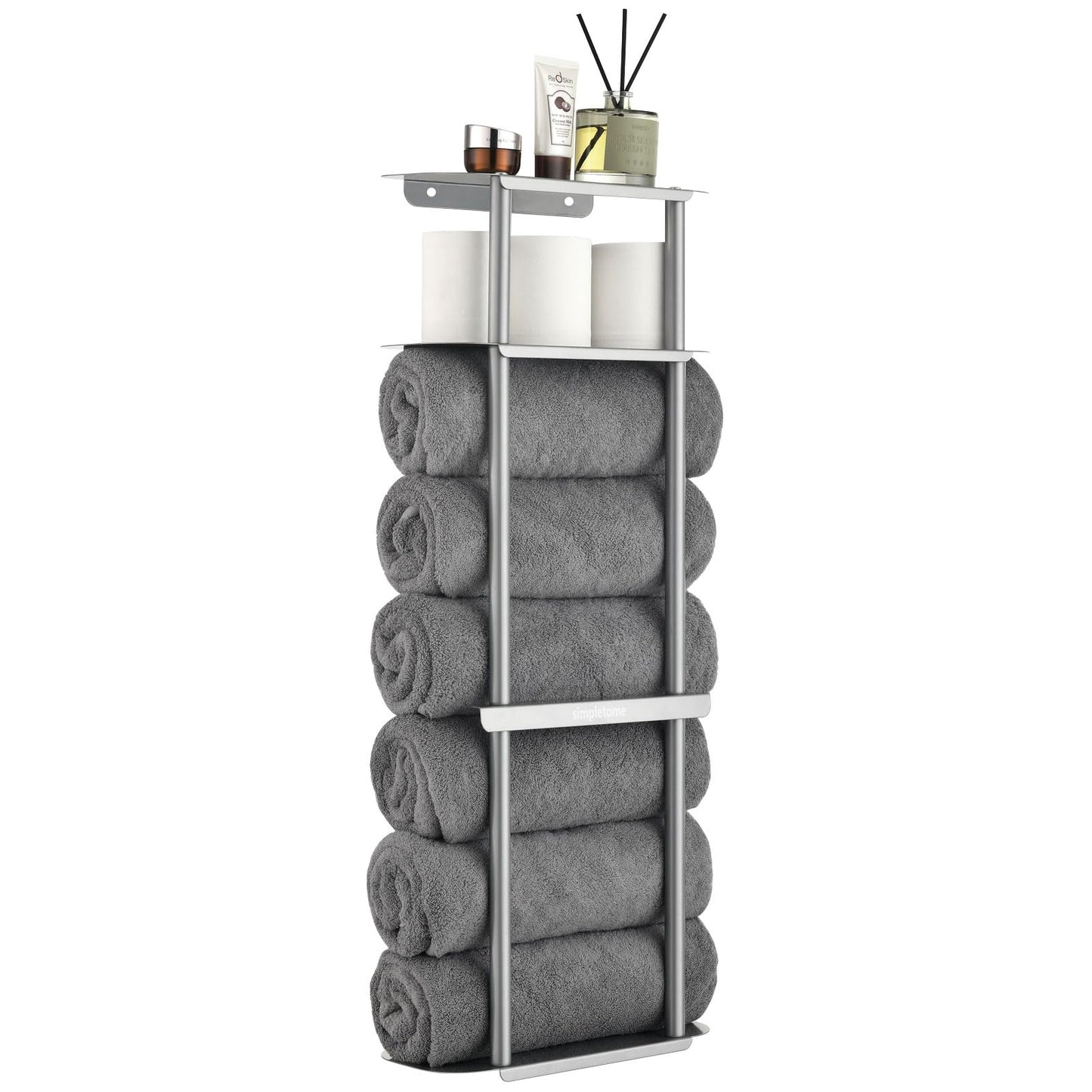 simpletome Towel Racks for Bathroom Storage Shower Organizer with Shelves Wall Mounted Thickened Carbon Steel (Silver Grey)