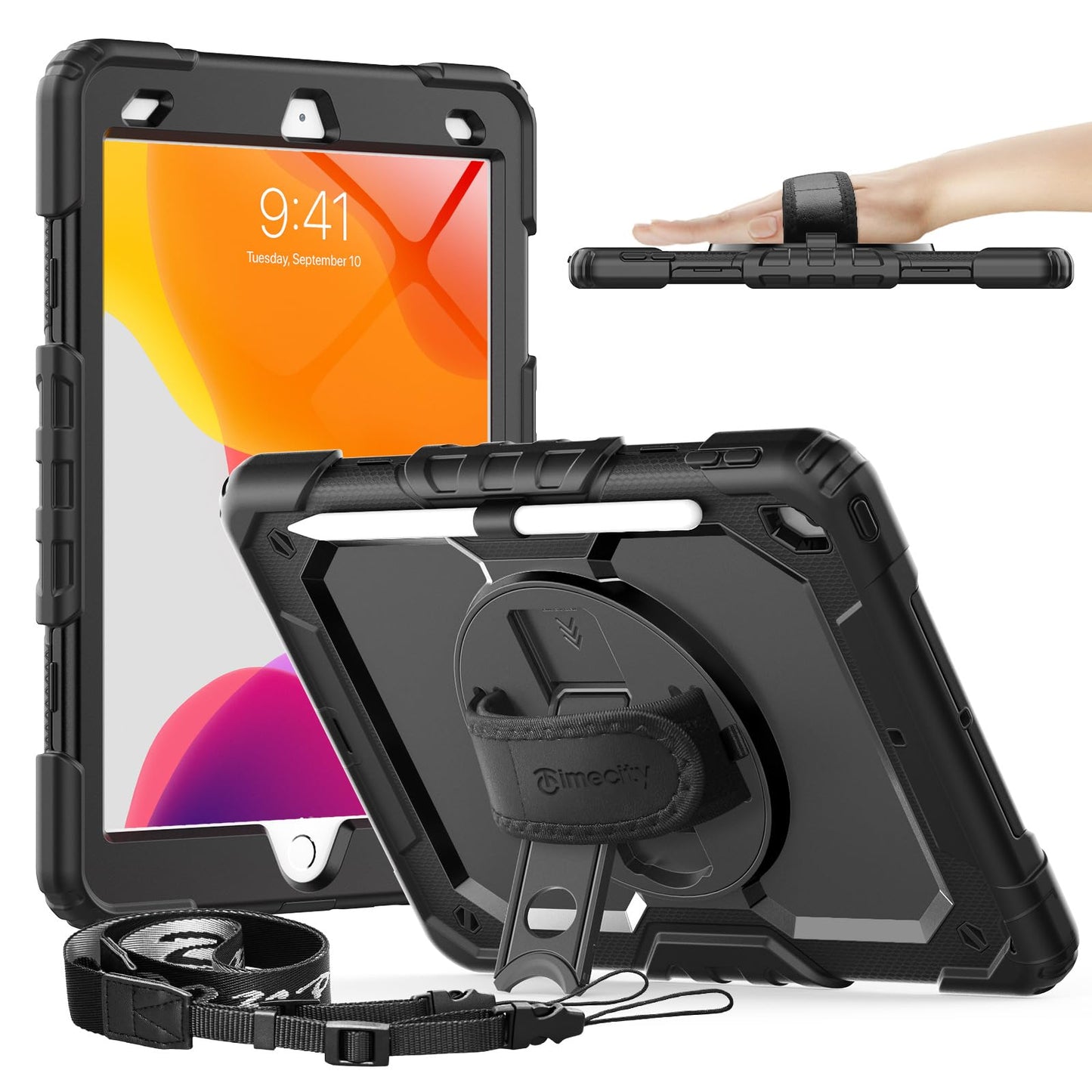 Timecity Case for iPad 9th/ 8th/ 7th Generation 10.2 inch 2021/2020/2019 - Heavy Duty Protective Cover with Screen Protector, Rotating Stand, Shoulder