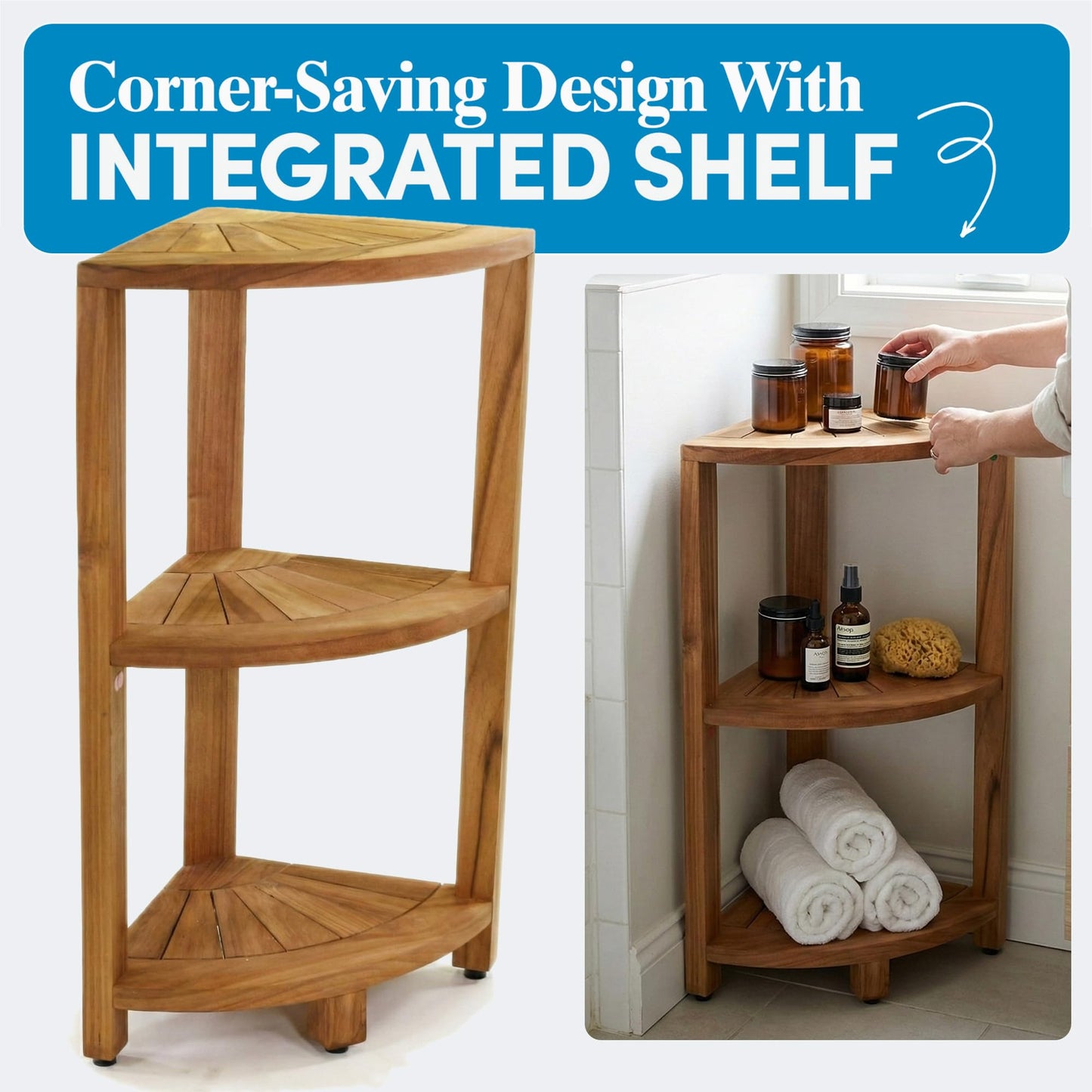 AquaTeak Kai-Petite 12" Teak Corner Shelf Stand, 3 Tier Shower Stand