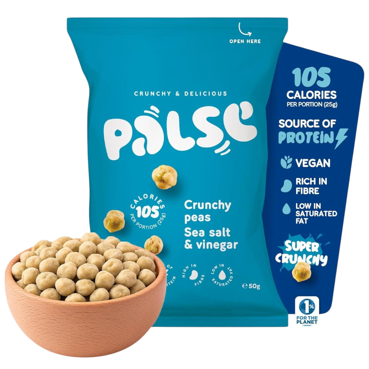 Palse Crunchy Peas Sea Salt & Vinegar 12 x 50g | High Protein Vegan Snacks | Roasted Green Pea Snack with Tangy Flavour | Super Crunchy, High Fibre-