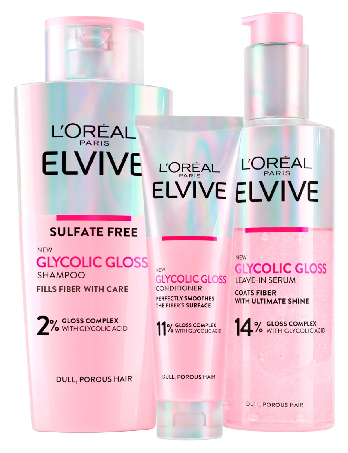 L'Or?al Paris Elvive Glycolic Gloss Conditioner 150ml + Shampoo 200ml + Leave-In Serum 150ml Set for Dull and Porous Hair Intense and Long-Lasting