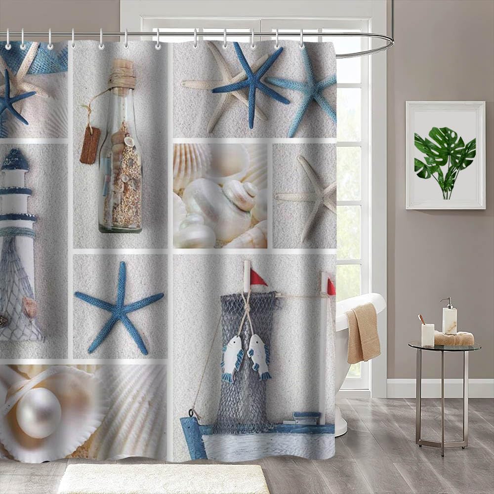 MEHOFOND 72x72 inch Summer Nautical Shower Curtain Set Marine Starfish Sail Boat Beach Shell Sea Waterproof Shower Curtain with 12 Hooks Bathroom