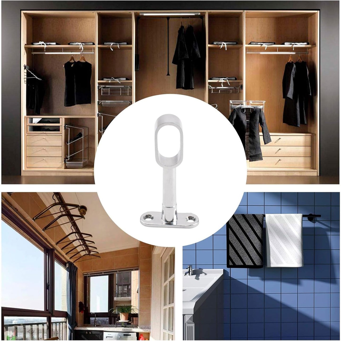 INCREWAY 4pcs Silver Closet Rod Support, Aluminum Alloy Oval Wardrobe Rod End, Adjustable Hollow Rod Bracket for Cabinet Bedroom Bathroom