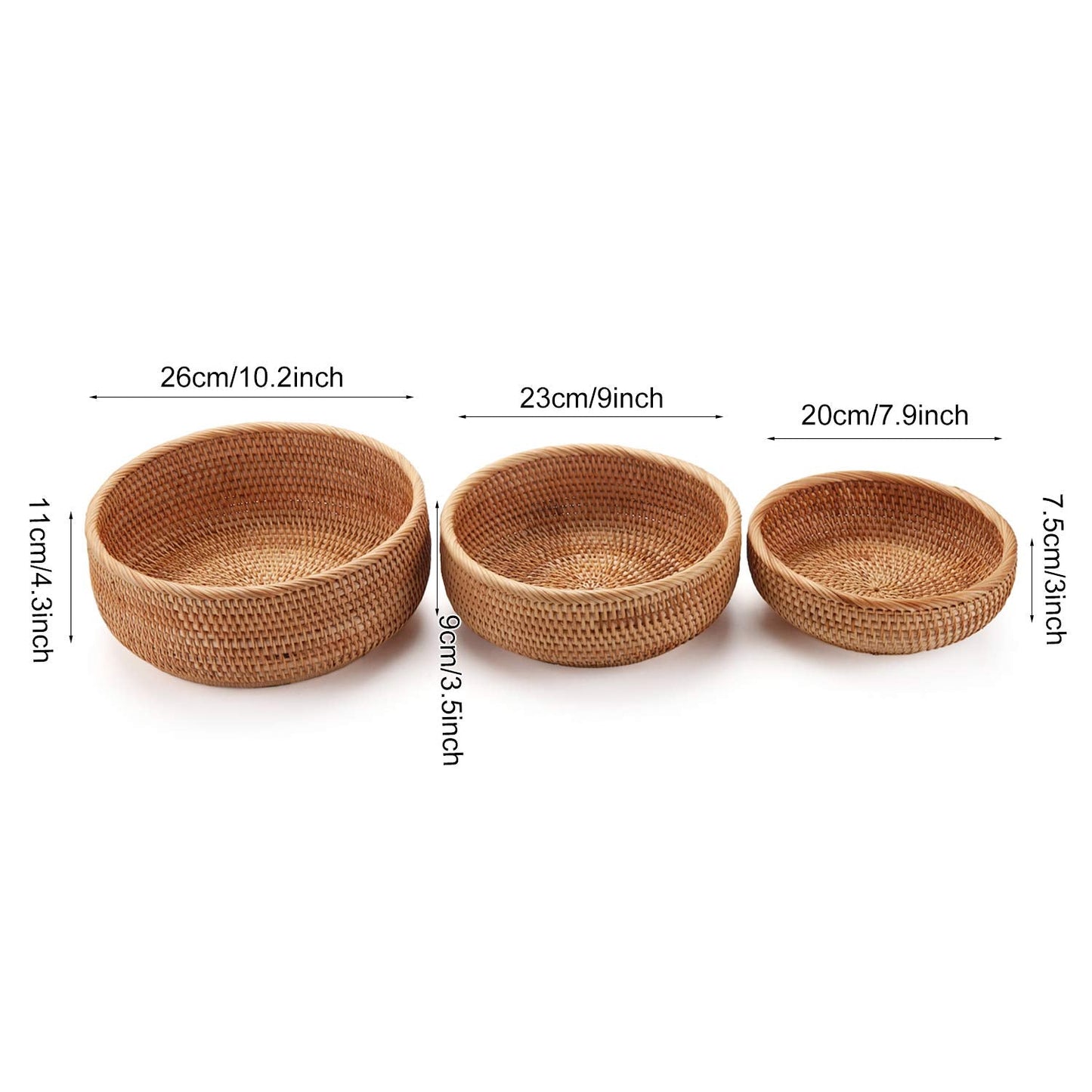 Round Rattan Storage Baskets Woven Fruit Bowls Wicker Key Holder Stackable for Kitchen Tabletop Shelf Natural Set of 3